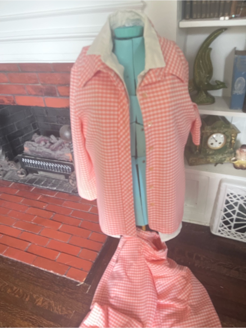 True vintage Coral/ peach 60s/70s Gingham pants suit set with cream blouse